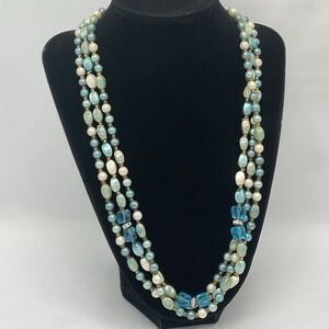 Vintage Japan 3 Strand Glass Faux Pearl Necklace Seafoam Aqua Blue Beaded 20"‎